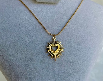 Gold Heart Sun Necklace - Boho Chic Celestial Jewelry