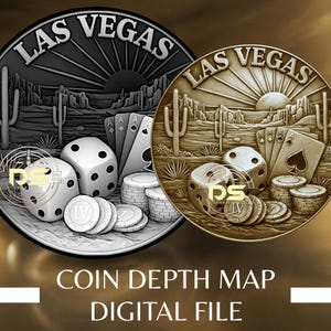 Puede incluir: Dos diseños detallados de monedas con temática de Las Vegas. Una moneda es plateada, la otra dorada. Cada moneda representa dados, naipes, fichas de póquer y un paisaje desértico con cactus. El texto "LAS VEGAS" está en la parte superior de cada moneda.