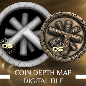 May include: Two circular designs with a wood-like texture. One is a light gray wheel with a black center and a starburst pattern. The other is a brown, weathered design with a log-like pattern. Text at the bottom reads "COIN DEPTH MAP DIGITAL FILE."
