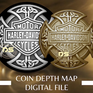 Könnte beinhalten: Zwei Harley-Davidson-Münzdesigns. Eines ist silber und schwarz, das andere goldfarben. Beide zeigen das Harley-Davidson-Logo in einem keltischen Knotenmuster. Der Text "MOTOR HARLEY-DAVIDSON CYCLES" ist sichtbar. Der Text "COIN DEPTH MAP DIGITAL FILE" ist ebenfalls vorhanden.