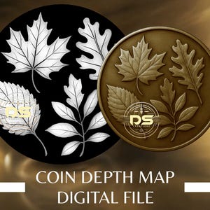 Puede incluir: Dos diseños circulares con ilustraciones de hojas. Uno es negro con hojas blancas, el otro es bronce con hojas de bronce. El texto "COIN DEPTH MAP DIGITAL FILE" está en la parte inferior. Los diseños son para uso digital.