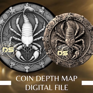 Puede incluir: Dos diseños detallados de monedas con un escorpión. Una moneda es en escala de grises, la otra es de color bronce. Ambas tienen bordes ornamentados y el texto "COIN DEPTH MAP DIGITAL FILE" en la parte inferior.