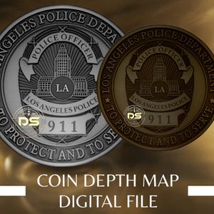 LA Polizei | '3D' Tiefgravur Graustufen Münze Tiefenkarte | PNG | Optimierte Auflösung | Für den Lightburn 3D Schnitt Mode