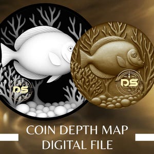 Op de afbeelding: Twee cirkelvormige ontwerpen met vissen en koraal. Eén is wit op een zwarte achtergrond, de andere is goudkleurig. De ontwerpen bevatten de tekst "COIN DEPTH MAP DIGITAL FILE".