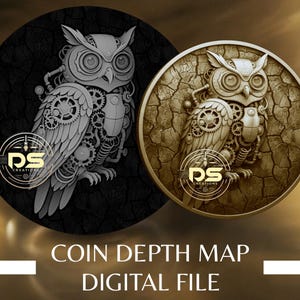 Può includere: Due disegni circolari con illustrazioni di gufi meccanici. Uno è in scala di grigi su sfondo nero, l'altro in oro su sfondo marrone strutturato. Il testo "COIN DEPTH MAP DIGITAL FILE" è in basso.