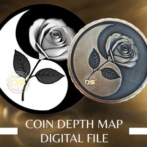 Enkele yin yang roos | '3D' diepgegraveerde grijswaarden muntdieptekaart | PNG | Geoptimaliseerde resolutie | Voor Lightburn 3D Slice-modus
