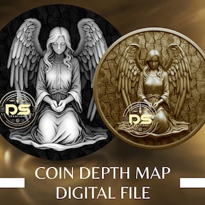 Puede incluir: Dos diseños circulares con un ángel de grandes alas. Uno es en blanco y negro, el otro en tonos bronce. El ángel está arrodillado con las manos juntas. El texto "COIN DEPTH MAP DIGITAL FILE" está en la parte inferior.