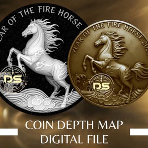 Puede incluir: Dos diseños circulares con un caballo encabritado con melena y llamas. Uno es en blanco y negro, el otro en bronce. El texto incluye "Year of the Fire Horse" y "2026". El texto inferior dice "Coin Depth Map Digital File".