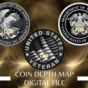 Lot de 3 militaires américains | Gravure profonde « 3D » en niveaux de gris des pièces de monnaie | PNG | Résolution optimisée | Pour le mode tranche Lightburn 3D