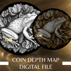 May include: A grayscale depth map image of a frog sitting on leaves. The image is a digital file for creating a 3D model.