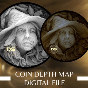 Halloween-heks | '3D' diepgegraveerde grijswaarden muntdieptekaart | PNG | Geoptimaliseerde resolutie | Voor Lightburn 3D Slice-modus