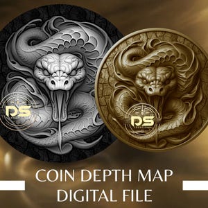 Könnte beinhalten: Zwei kreisförmige Designs mit einer detaillierten Schlangenillustration. Eines ist in Graustufen, das andere in Sepiatönen. Der Text "COIN DEPTH MAP DIGITAL FILE" steht unten. Die Designs haben ein Logo mit den Buchstaben "DS" in einem Kreis.
