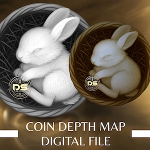 Kaninchen im Korb | '3D' Tiefgravur Graustufen Münze Tiefenkarte | PNG | Optimierte Auflösung | Für den Lightburn 3D Schnitt Mode