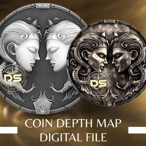 Può includere: Due dettagliati disegni di monete raffiguranti profili di donne che si fronteggiano. Le monete sono in tonalità di grigio e argento, con intricati dettagli in rilievo. Il testo "COIN DEPTH MAP DIGITAL FILE" è in basso. Un logo con le lettere "DS" è visibile.
