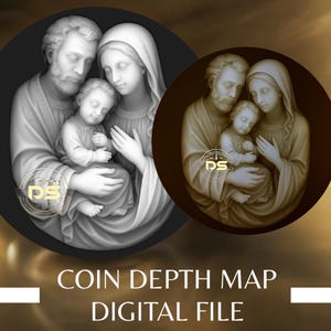 Op de afbeelding: Digitaal bestand met een grijswaardenillustratie van een gezin, inclusief een man, vrouw en kind, binnen een cirkelvormig kader. De afbeelding heeft een vintage esthetiek. De tekst onderaan luidt "COIN DEPTH MAP DIGITAL FILE".