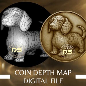 Puede incluir: Representación artística de un perro salchicha en dos versiones: una escultura plateada y una moneda de bronce. El perro está representado con un patrón de mosaico. El texto "COIN DEPTH MAP DIGITAL FILE" está en la parte inferior.