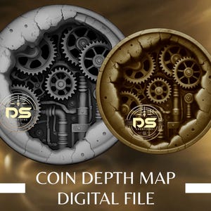 Pode incluir: Dois designs de moedas em estilo steampunk, um em tons de cinza e outro em tons sépia, apresentam intrincados mecanismos de engrenagens dentro de uma moldura circular. O texto "COIN DEPTH MAP DIGITAL FILE" é exibido abaixo. O logotipo "DS CREATIONS" é visível.