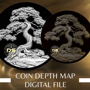 Puede incluir: Dos imágenes en blanco y negro de un árbol bonsái renderizado en 3D. Las imágenes son circulares y muestran el árbol desde diferentes ángulos. El texto "COIN DEPTH MAP DIGITAL FILE" está debajo de las imágenes.
