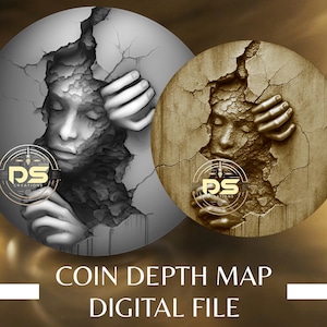 Peut inclure: Fichier numérique présentant deux motifs circulaires. L'un est en niveaux de gris, l'autre sépia, chacun représentant un visage émergeant d'une surface fissurée. Le texte "COIN DEPTH MAP DIGITAL FILE" est en bas, avec un logo.