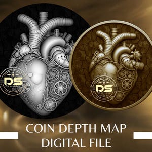 Könnte beinhalten: Zwei digitale Kunstdrucke mit einem mechanischen Herzdesign. Einer ist in Graustufen, der andere in Sepiatönen, beide vor dunklem Hintergrund. Das Herzdesign enthält Zahnräder und mechanische Elemente. Der Text unten lautet "COIN DEPTH MAP DIGITAL FILE."