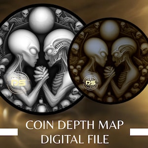 Er komen aliens aan | '3D' diepgegraveerde grijswaarden muntdieptekaart | PNG | Geoptimaliseerde resolutie | Voor Lightburn 3D Slice-modus