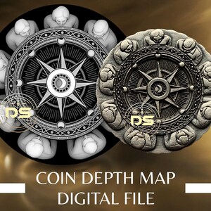 Op de afbeelding: Twee cirkelvormige ontwerpen met een kompasroos en figuren langs de rand. Eén is zwart-wit, de andere is een getextureerd grijs. De tekst "COIN DEPTH MAP DIGITAL FILE" staat onderaan.