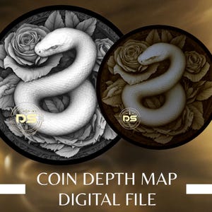 Snake & Rose | Mapa de profundidade de moedas em tons de cinza '3D' Deep Engrave | PNG | Resolução otimizada | Para modo de fatia 3D Lightburn