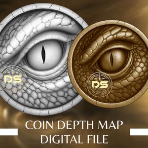 May include: Digital artwork showing two reptilian eyes, one in monochrome and the other in sepia. The eyes are within circular frames, with the text "COIN DEPTH MAP DIGITAL FILE" below. Each coin has a logo.