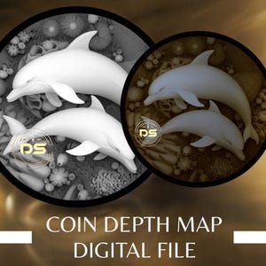 Delfine im Korallenriff | '3D' Tiefgravur Graustufen Münze Tiefenkarte | PNG | Optimierte Auflösung | Für den Lightburn 3D Schnitt Mode