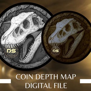Dino schedelfossiel | '3D' diepgegraveerde grijswaarden muntdieptekaart | PNG | Geoptimaliseerde resolutie | Voor Lightburn 3D Slice-modus