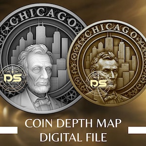 Può includere: Due disegni dettagliati di monete raffiguranti Abraham Lincoln e lo skyline di Chicago. Una moneta è argentata, l'altra dorata. Le monete sono circondate da un bordo decorativo con la scritta "CHICAGO" in alto. Il testo "COIN DEPTH MAP DIGITAL FILE" è in basso.