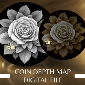 Puede incluir: Dos imágenes circulares en blanco y negro de una rosa con hojas. La imagen de la izquierda es un mapa de profundidad en escala de grises de la rosa. La imagen de la derecha es un mapa de profundidad marrón de la rosa. El texto "COIN DEPTH MAP DIGITAL FILE" está debajo de las imágenes.