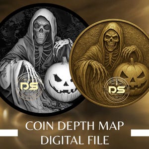 Halloween Grim Reaper Coin Depth Map: 3D Engrave PNG (Digital Download)