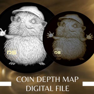 Könnte beinhalten: Ein Schwarzweiß-Tiefenkarte-Bild einer pelzigen Kreatur mit Hut. Die Kreatur hat große Augen und ein breites Lächeln. Das Bild ist mit "COIN DEPTH MAP DIGITAL FILE" beschriftet.