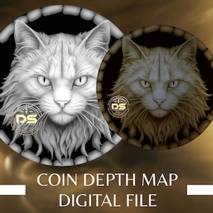 Majestic Cat | 3D Coin Depth Map | Grayscale PNG File for Lightburn 3D Slice Mode | Digital Download