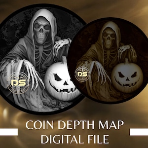 Faucheuse d'Halloween | Carte de la profondeur des pièces de monnaie gravée « 3D » en niveaux de gris | PNG | Résolution optimisée | Pour le mode tranche Lightburn 3D