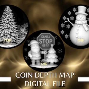 Könnte beinhalten: Drei schwarz-weiße, weihnachtliche, kreisförmige Designs. Eines zeigt eine verschneite Landschaft mit einem Haus und Tannenbäumen. Ein weiteres zeigt den Weihnachtsmann mit einem Schild "Santa Stop Here". Das dritte Design ist ein Schneemann mit Schneeflocken.