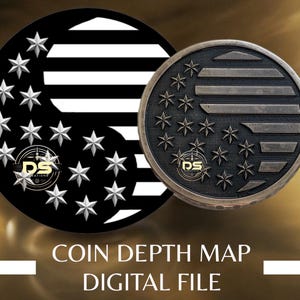 May include: A black and white coin with a design of stars and stripes. The coin is a depth map, which is a digital file that can be used to create a 3D model of the coin.