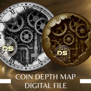 Könnte beinhalten: Zwei kreisförmige Designs mit Zifferblättern mit freiliegenden Zahnrädern und römischen Ziffern. Eines ist grau, das andere bronze. Der Text "COIN DEPTH MAP DIGITAL FILE" befindet sich unten, mit einem Logo in der Mitte jedes Zifferblatts.