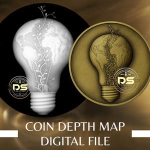 Puede incluir: Dos diseños circulares con forma de bombilla con un mapa del mundo y una planta. Uno es blanco sobre negro, el otro dorado sobre fondo dorado. El texto inferior dice "COIN DEPTH MAP DIGITAL FILE".