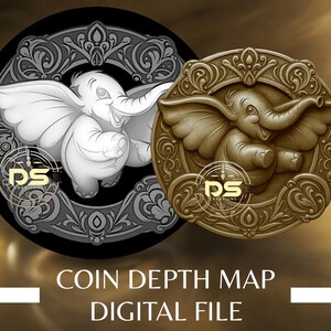Op de afbeelding: Twee cirkelvormige ontwerpen met een olifant, één in grijstinten en de andere in goud, beide met sierlijke frames. De olifant lacht en lijkt in beweging te zijn. De tekst "COIN DEPTH MAP DIGITAL FILE" staat onderaan.