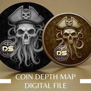 Op de afbeelding: Twee ronde piratenthema-ontwerpen. Eén is zwart met een schedel met een hoed en tentakels. De andere is goudkleurig met hetzelfde schedelontwerp. De tekst "COIN DEPTH MAP DIGITAL FILE" staat onderaan.