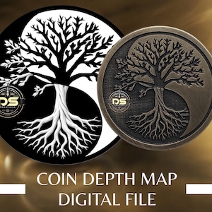Yin Yang levensboom | '3D' diepgegraveerde grijswaarden muntdieptekaart | PNG | Geoptimaliseerde resolutie | Voor Lightburn 3D Slice-modus