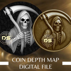 Peut inclure: Deux motifs circulaires représentant la Faucheuse tenant une faux. L'un est en niveaux de gris sur fond noir texturé, l'autre en tons bronze. Le texte "COIN DEPTH MAP DIGITAL FILE" est en bas.