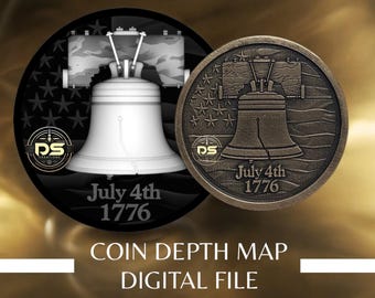 Puede incluir: Un mapa de profundidad digital para una moneda que presenta una Campana de la Libertad con el texto "July 4th 1776" y un fondo de estrellas y rayas.