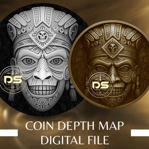 Könnte beinhalten: Zwei kreisförmige Designs mit einer detaillierten Maske mit einem Totenkopf auf der Stirn. Eine Maske ist weiß auf schwarzem Hintergrund, die andere ist goldfarben auf braunem Hintergrund. Der Text "COIN DEPTH MAP DIGITAL FILE" steht unten.