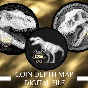 Pacote Dino x 3 | Mapa de Profundidade de Moedas em Tons de Cinza '3D' Deep Engrave | PNG | Resolução Otimizada | Para Modo de Fatia 3D Lightburn