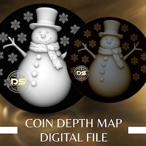 Sneeuwpop | '3D' diepgegraveerde grijswaarden muntdieptekaart | PNG | Geoptimaliseerde resolutie | Voor Lightburn 3D Slice-modus