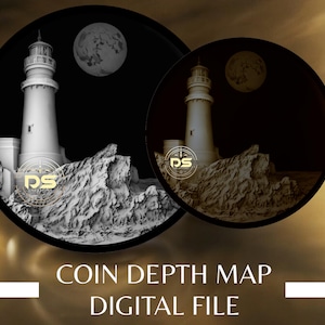 Könnte beinhalten: Ein Schwarzweiß-Tiefenkarte-Bild eines Leuchtturms auf einer felsigen Klippe mit einem Mond im Hintergrund. Das Bild ist eine digitale Datei zum Erstellen eines 3D-Modells.