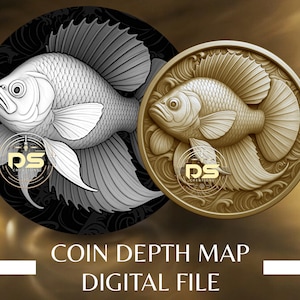 Op de afbeelding: Twee cirkelvormige ontwerpen met visillustraties. Eén is in grijstinten op een zwarte achtergrond met een bloemmotief, de andere is goudkleurig. De tekst "COIN DEPTH MAP DIGITAL FILE" staat onderaan.